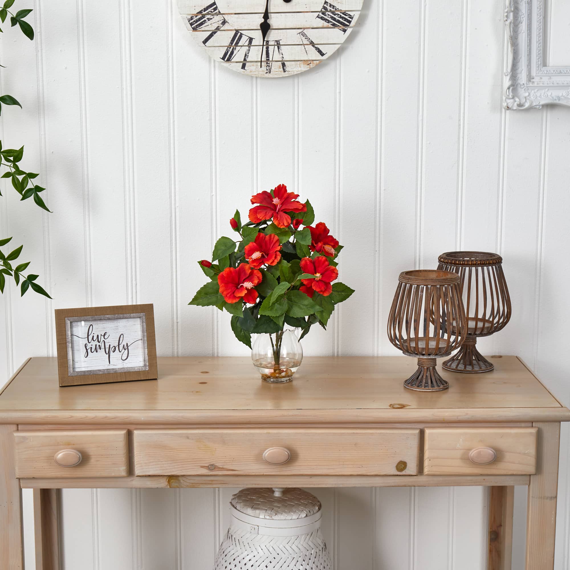 17" Red Hibiscus Silk Flower Arrangement in Fluted Vase
